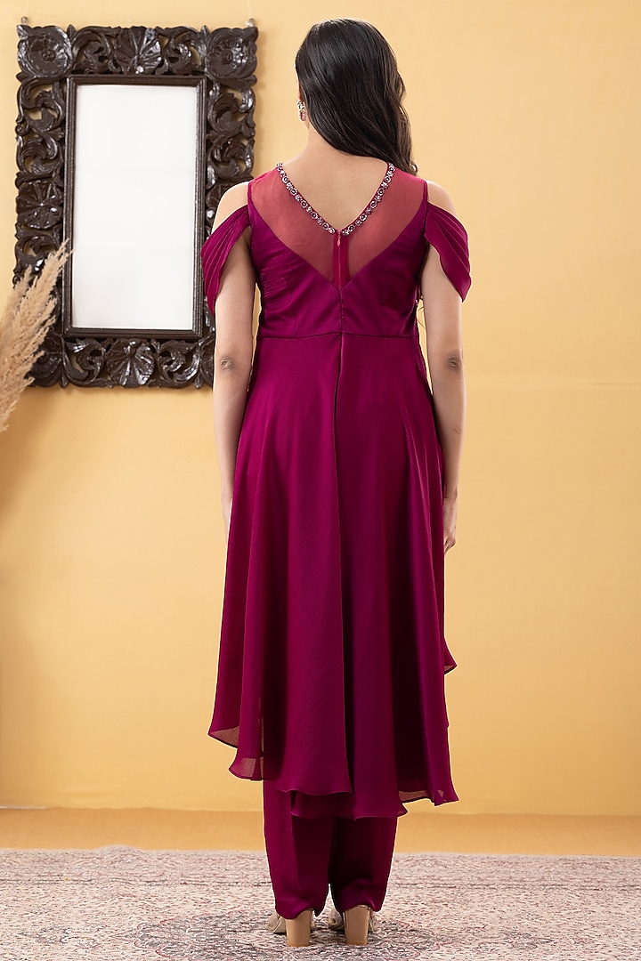 Wine Armani Chiffon Hand Embellished Tunic Set by KM By Kavita at Pernia's Pop Up Shop