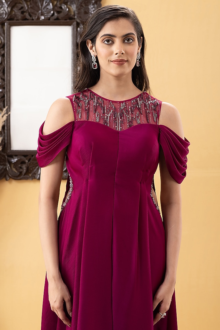 Wine Armani Chiffon Hand Embellished Tunic Set by KM By Kavita at Pernia's Pop Up Shop