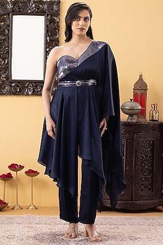 Navy Blue Armani Chiffon Sequin Hand Work One-Shoulder Tunic Set by KM By Kavita