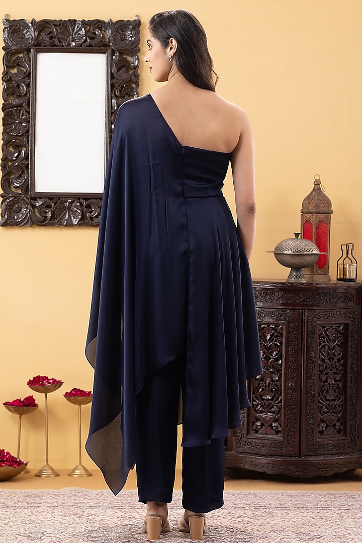 Navy Blue Armani Chiffon Sequin Hand Work One-Shoulder Tunic Set by KM By Kavita at Pernia's Pop Up Shop