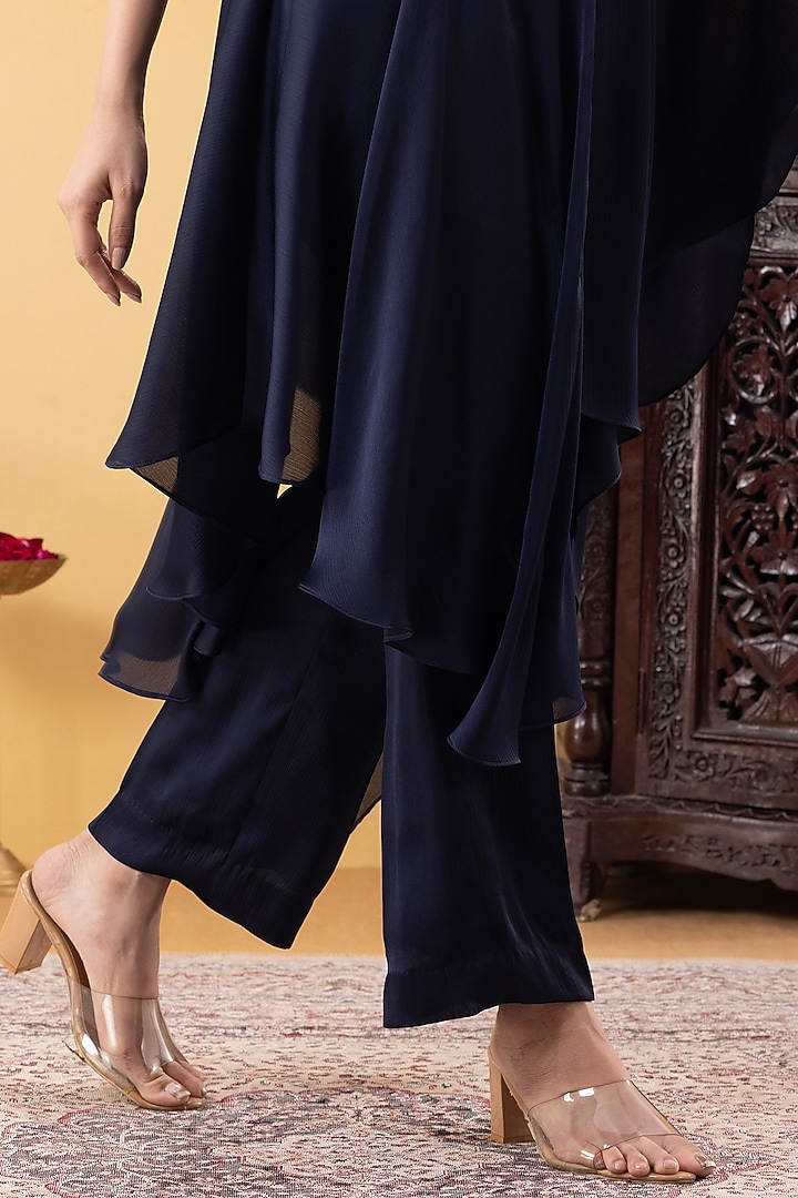 Navy Blue Armani Chiffon Sequin Hand Work One-Shoulder Tunic Set by KM By Kavita at Pernia's Pop Up Shop