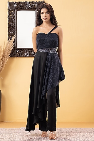 Navy Blue Armani Chiffon Pant Set by KM By Kavita
