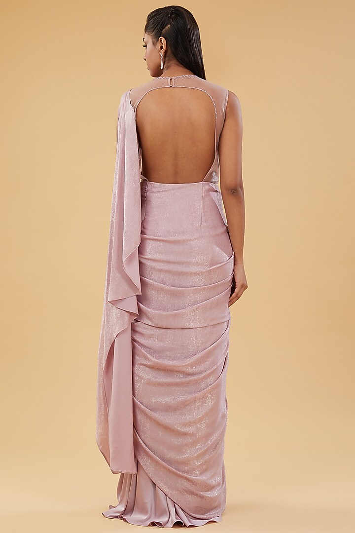 Pink Shimmer Georgette & Armani Satin Hand Embellished Draped Wedding Saree by KM By Kavita at Pernia's Pop Up Shop