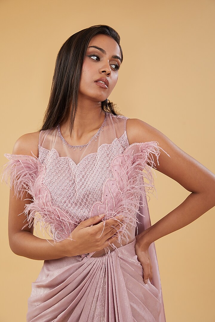 Pink Shimmer Georgette & Armani Satin Hand Embellished Draped Wedding Saree by KM By Kavita at Pernia's Pop Up Shop