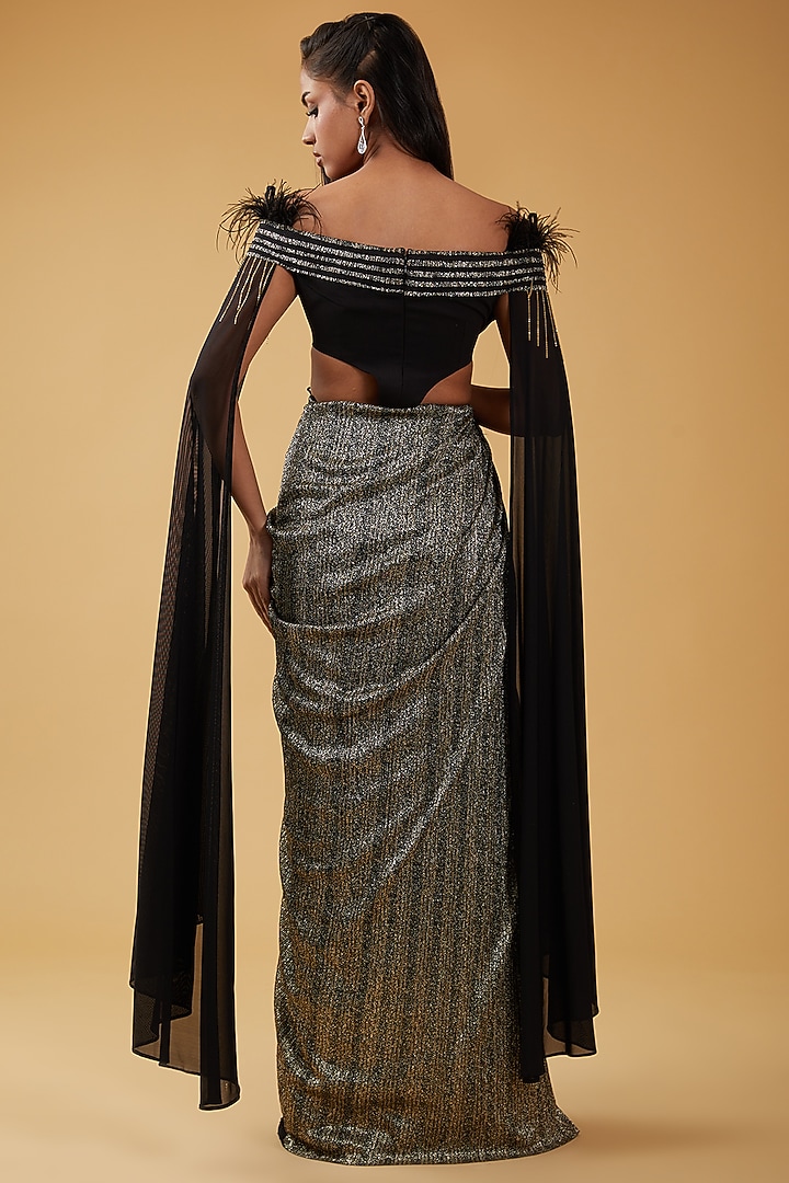 Black Georgette Hand Embroidered Off-Shoulder Party Wear Gown by KM By Kavita at Pernia's Pop Up Shop