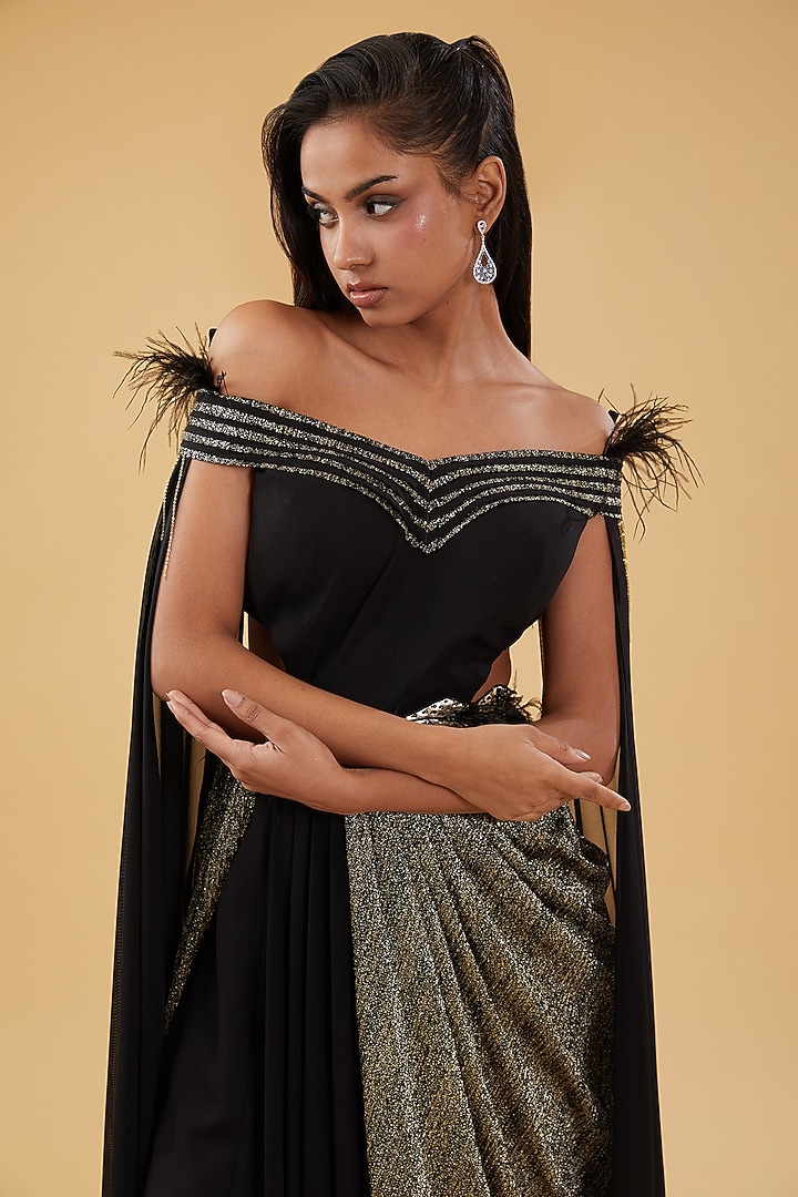 Black Georgette Hand Embroidered Off-Shoulder Party Wear Gown by KM By Kavita at Pernia's Pop Up Shop