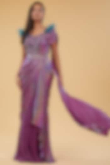 Purple Shimmer Georgette & Armani Satin Hand Embellished Pre-Draped Saree by KM By Kavita