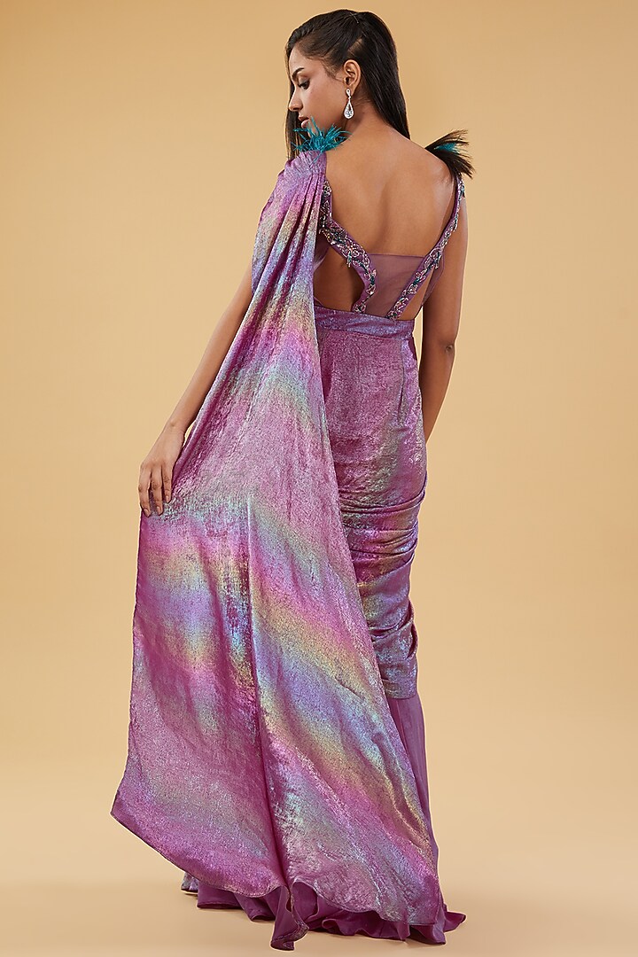 Purple Shimmer Georgette & Armani Satin Hand Embellished Pre-Draped Wedding Saree by KM By Kavita at Pernia's Pop Up Shop