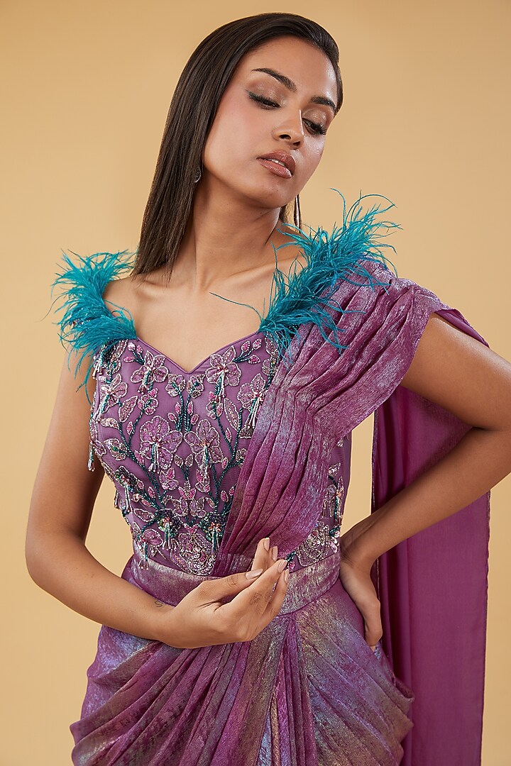 Purple Shimmer Georgette & Armani Satin Hand Embellished Pre-Draped Wedding Saree by KM By Kavita at Pernia's Pop Up Shop