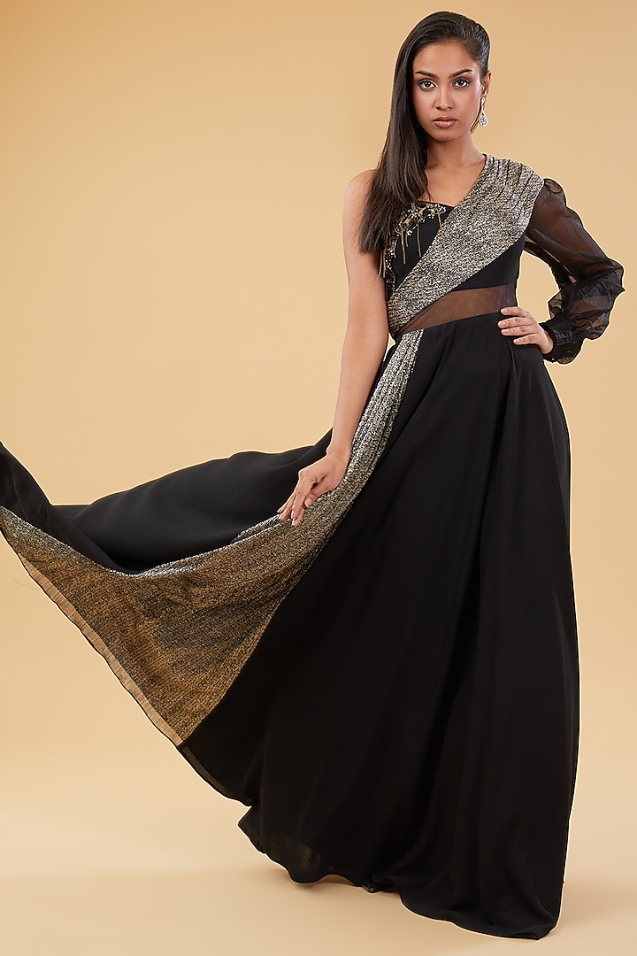 Black & Gold Lurex Hand Embellished Flared Gown by KM By Kavita