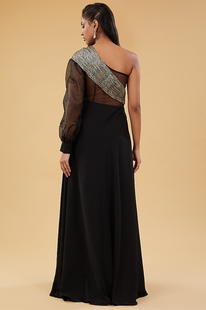 Black & Gold Lurex Hand Embellished Flared Party Wear Gown by KM By Kavita at Pernia's Pop Up Shop
