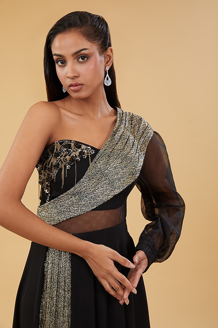 Black & Gold Lurex Hand Embellished Flared Party Wear Gown by KM By Kavita at Pernia's Pop Up Shop