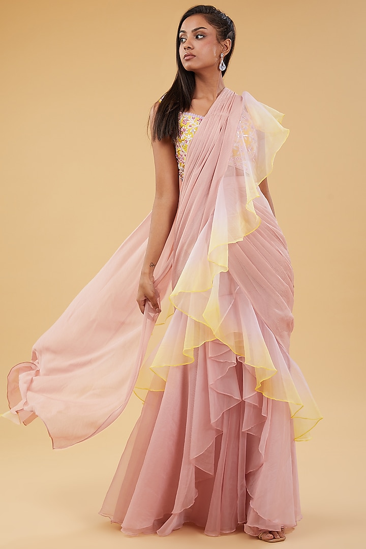 Pink Shimmer Chiffon & Organza Draped Saree Set by KM By Kavita