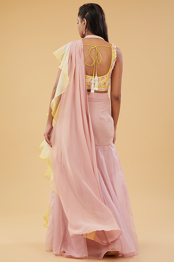 Pink Shimmer Chiffon & Organza Draped Wedding Saree Set by KM By Kavita at Pernia's Pop Up Shop