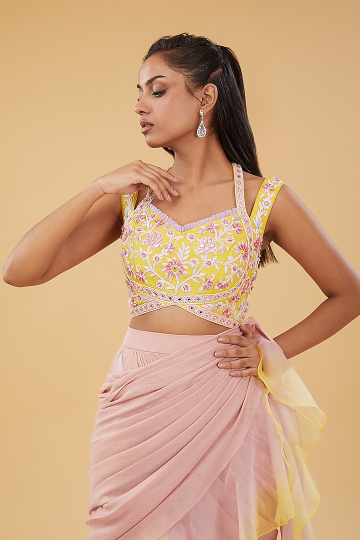 Pink Shimmer Chiffon & Organza Draped Wedding Saree Set by KM By Kavita at Pernia's Pop Up Shop