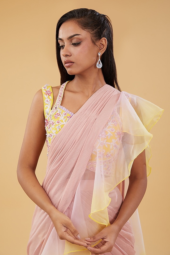 Pink Shimmer Chiffon & Organza Draped Wedding Saree Set by KM By Kavita at Pernia's Pop Up Shop