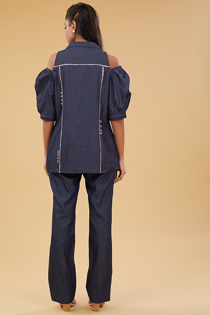 Blue Denim Hand Embroidered Co-Ord Set by KM By Kavita at Pernia's Pop Up Shop