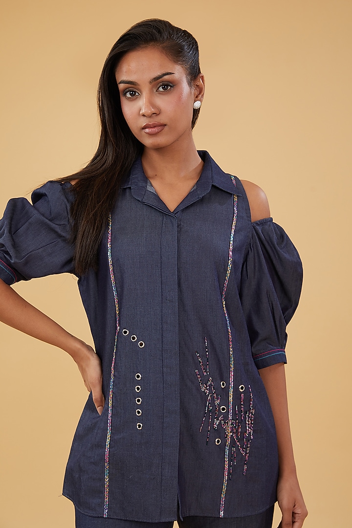 Blue Denim Hand Embroidered Co-Ord Set by KM By Kavita at Pernia's Pop Up Shop