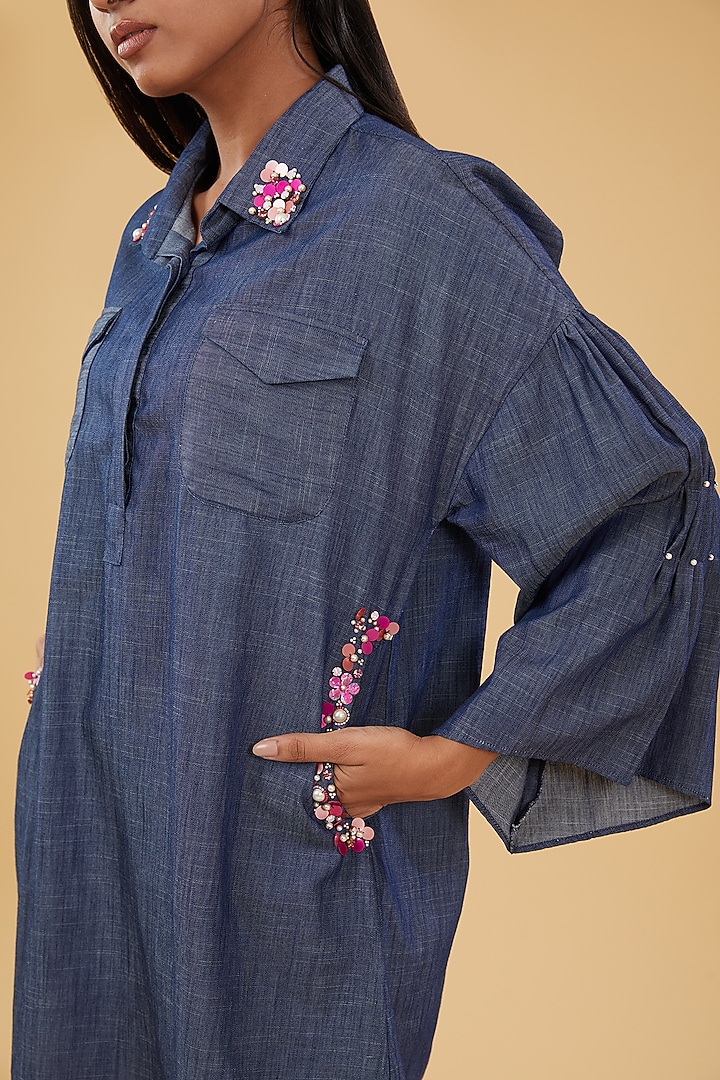 Blue Denim Hand Embellished Summer Shirt Dress by KM By Kavita at Pernia's Pop Up Shop