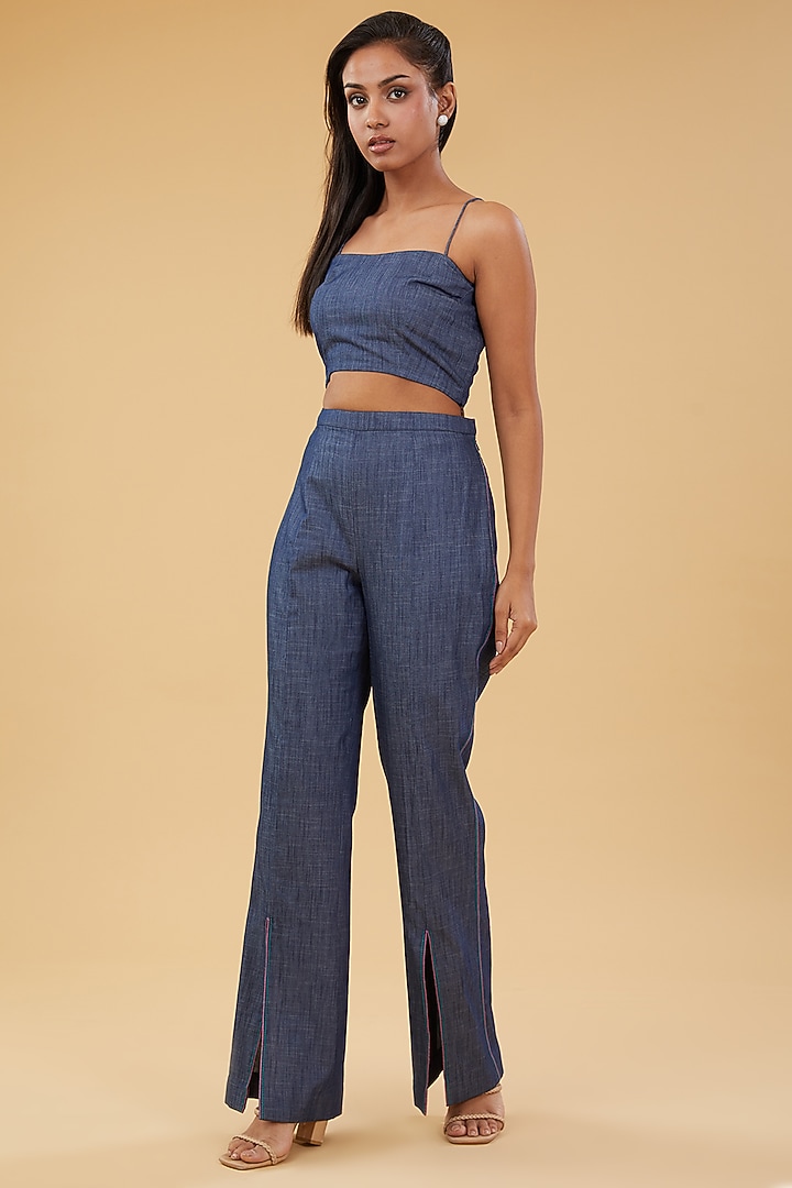 Blue Denim Hand Embellished Co-Ord Set by KM By Kavita at Pernia's Pop Up Shop