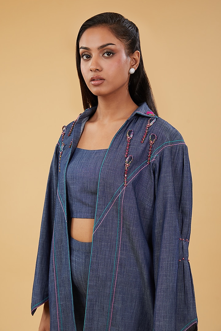 Blue Denim Hand Embellished Co-Ord Set by KM By Kavita at Pernia's Pop Up Shop