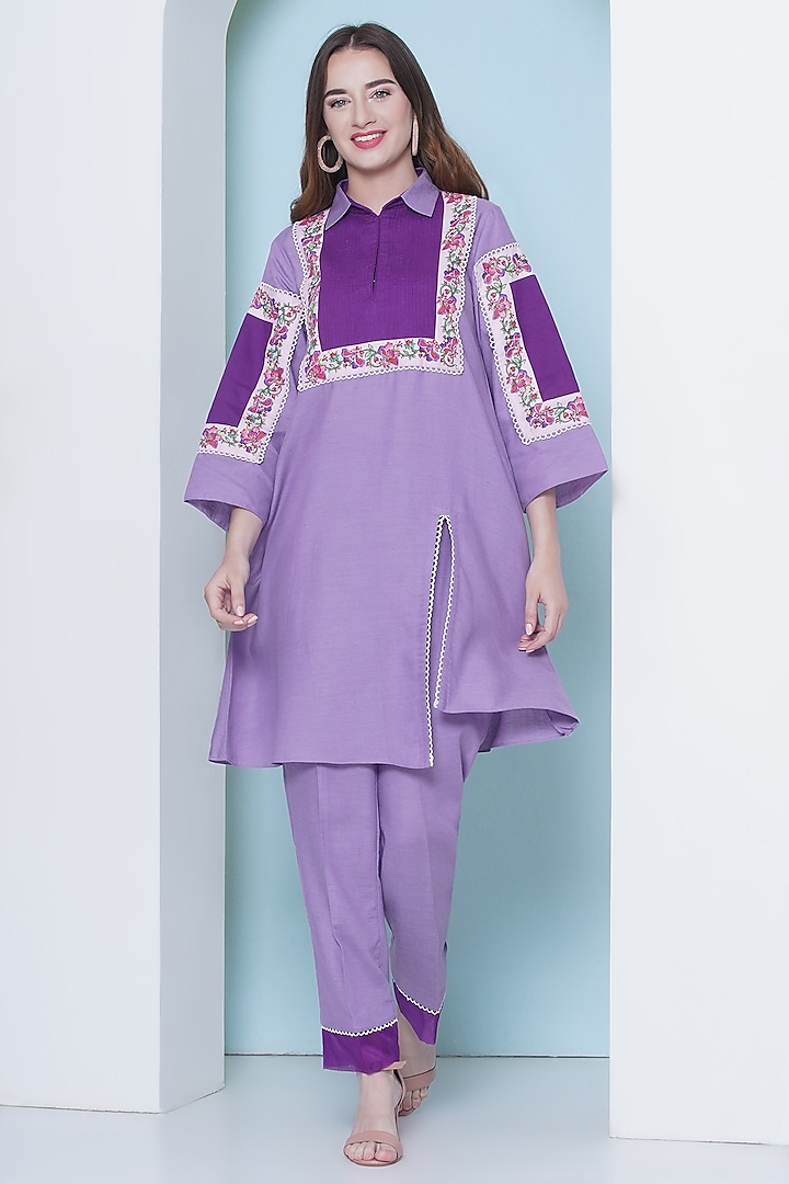 Lavender Linen Cotton Cutdana Hand Embroidered & Floral Printed Co-Ord Set by KM By Kavita at Pernia's Pop Up Shop