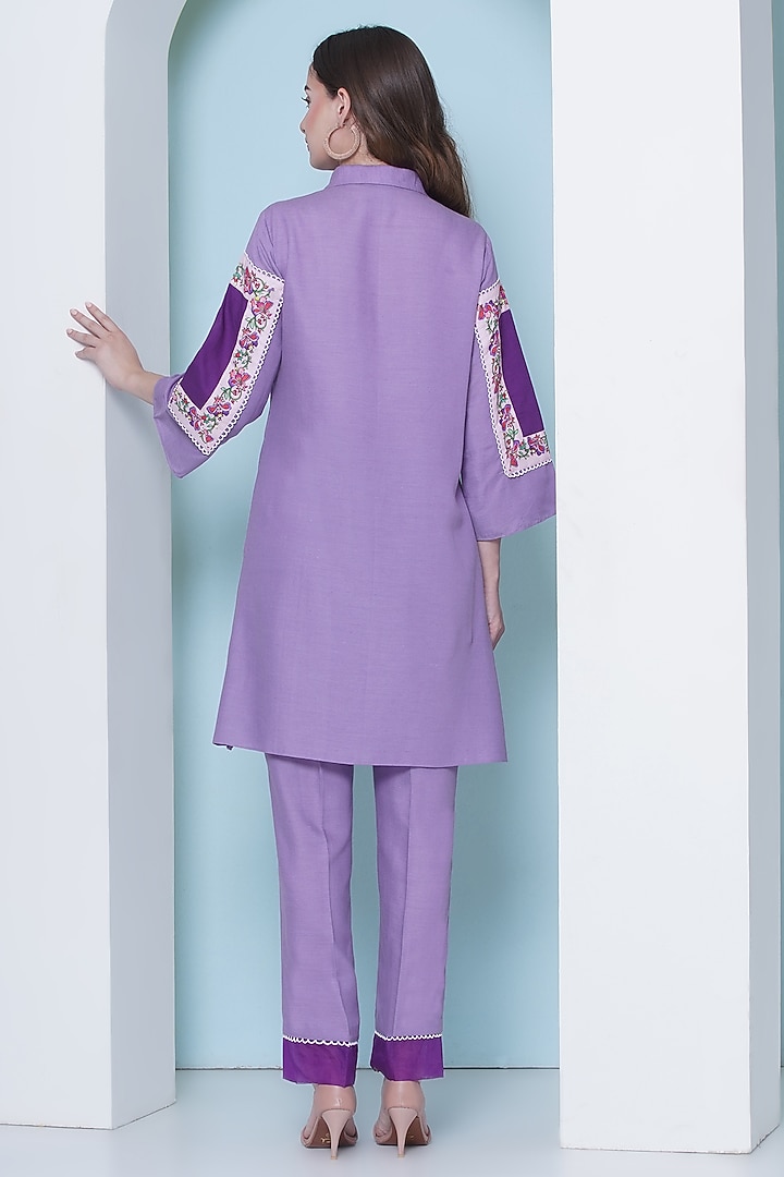 Lavender Linen Cotton Cutdana Hand Embroidered & Floral Printed Co-Ord Set by KM By Kavita at Pernia's Pop Up Shop