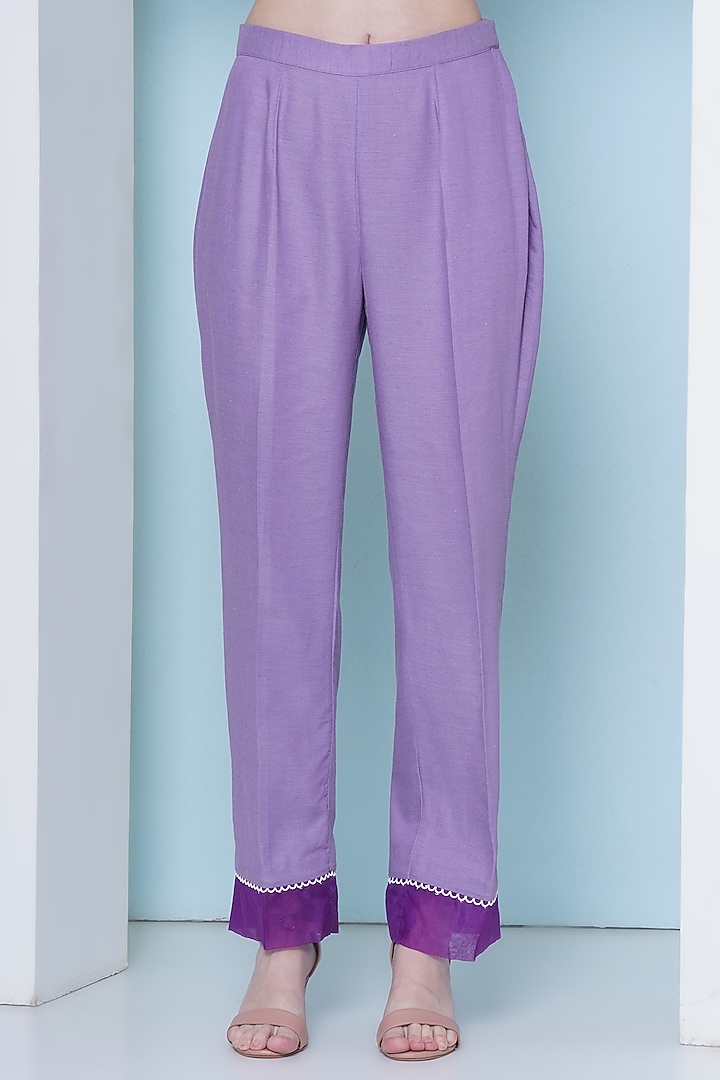 Lavender Linen Cotton Cutdana Hand Embroidered & Floral Printed Co-Ord Set by KM By Kavita at Pernia's Pop Up Shop