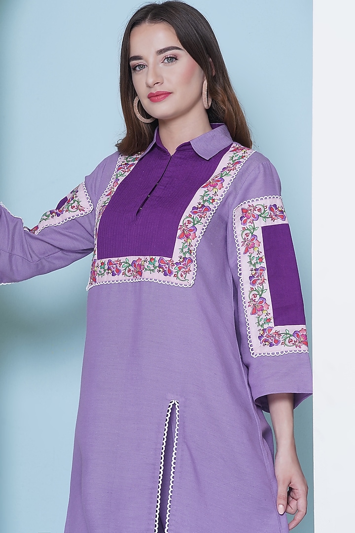 Lavender Linen Cotton Cutdana Hand Embroidered & Floral Printed Co-Ord Set by KM By Kavita at Pernia's Pop Up Shop