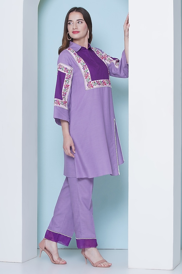 Lavender Linen Cotton Cutdana Hand Embroidered & Floral Printed Co-Ord Set by KM By Kavita at Pernia's Pop Up Shop