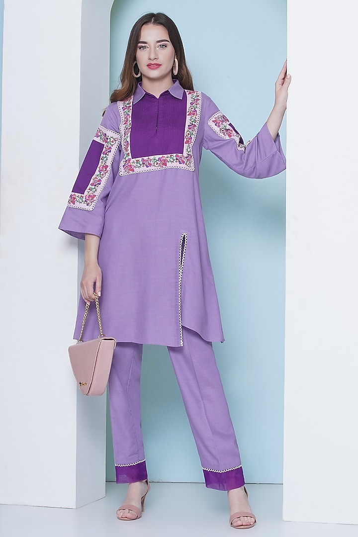Lavender Linen Cotton Cutdana Hand Embroidered & Floral Printed Co-Ord Set by KM By Kavita at Pernia's Pop Up Shop