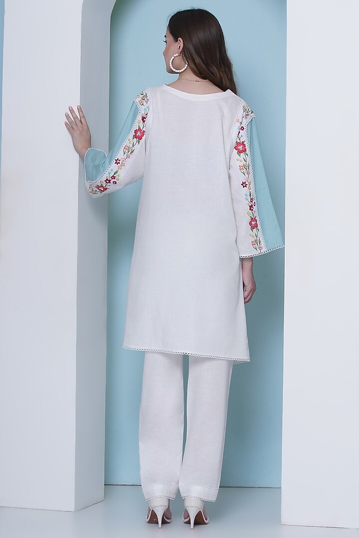 Off-White Linen Cotton Cutdana Hand Embroidered & Floral Printed Co-Ord Set by KM By Kavita at Pernia's Pop Up Shop