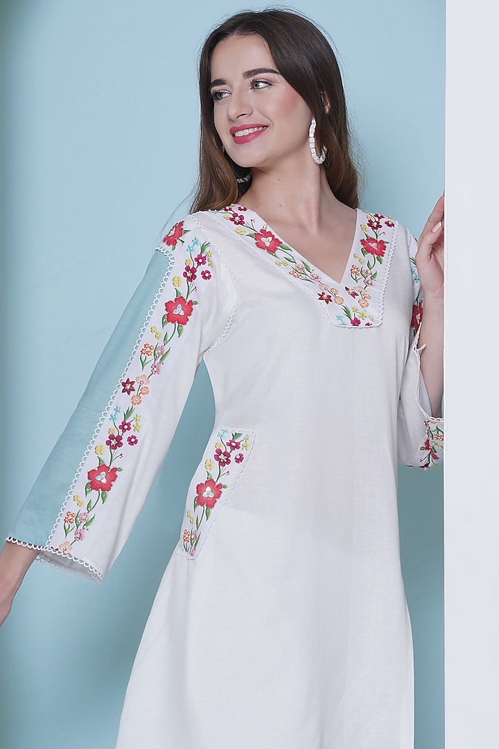 Off-White Linen Cotton Cutdana Hand Embroidered & Floral Printed Co-Ord Set by KM By Kavita at Pernia's Pop Up Shop
