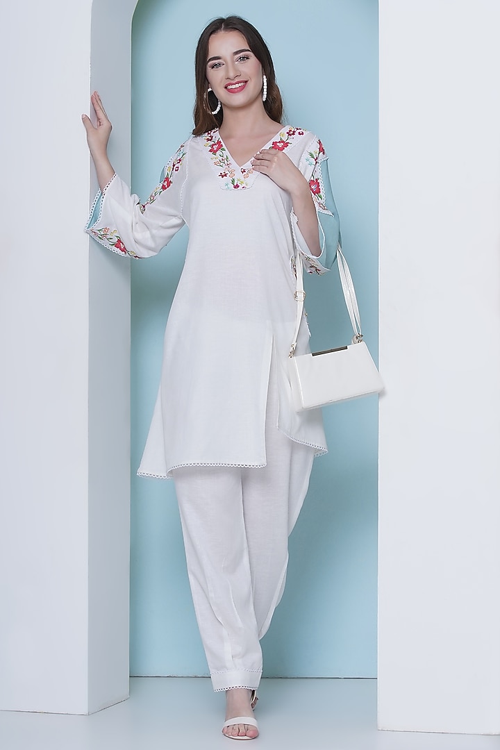 Off-White Linen Cotton Cutdana Hand Embroidered & Floral Printed Co-Ord Set by KM By Kavita at Pernia's Pop Up Shop