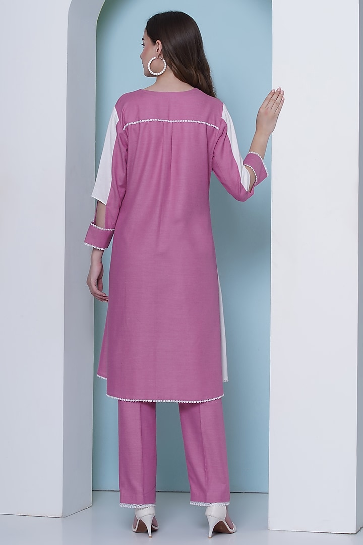 Pink Linen Cotton Hand Embroidered & Color-Blocked Co-Ord Set by KM By Kavita at Pernia's Pop Up Shop