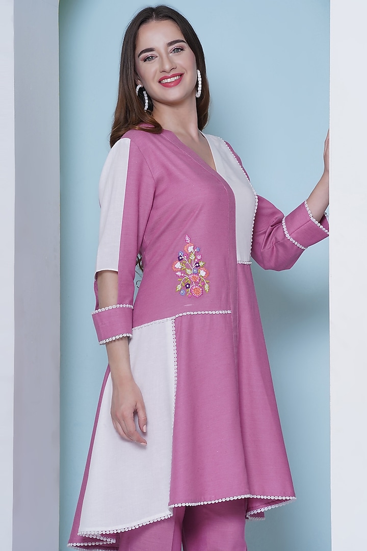 Pink Linen Cotton Hand Embroidered & Color-Blocked Co-Ord Set by KM By Kavita at Pernia's Pop Up Shop