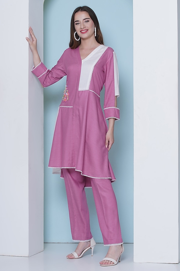 Pink Linen Cotton Hand Embroidered & Color-Blocked Co-Ord Set by KM By Kavita at Pernia's Pop Up Shop