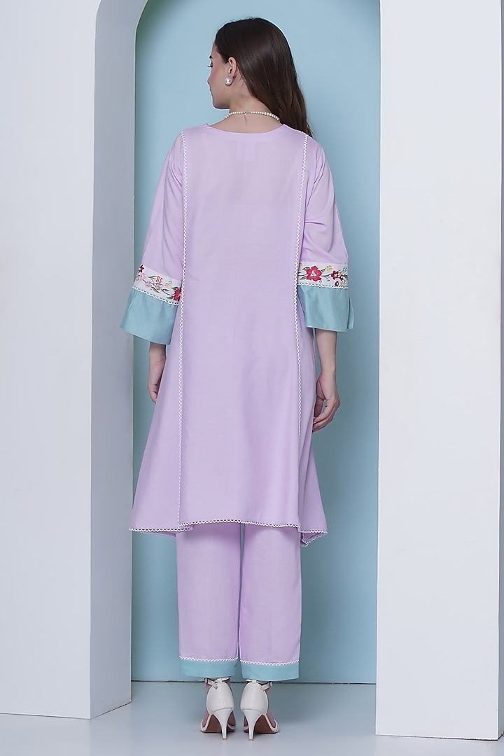 Light Pink Linen Cotton Cutdana Hand Embroidered & Floral Printed Co-Ord Set by KM By Kavita at Pernia's Pop Up Shop