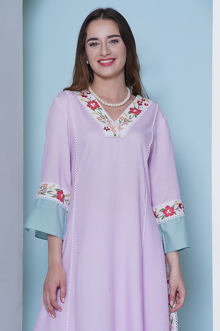 Light Pink Linen Cotton Cutdana Hand Embroidered & Floral Printed Co-Ord Set by KM By Kavita at Pernia's Pop Up Shop