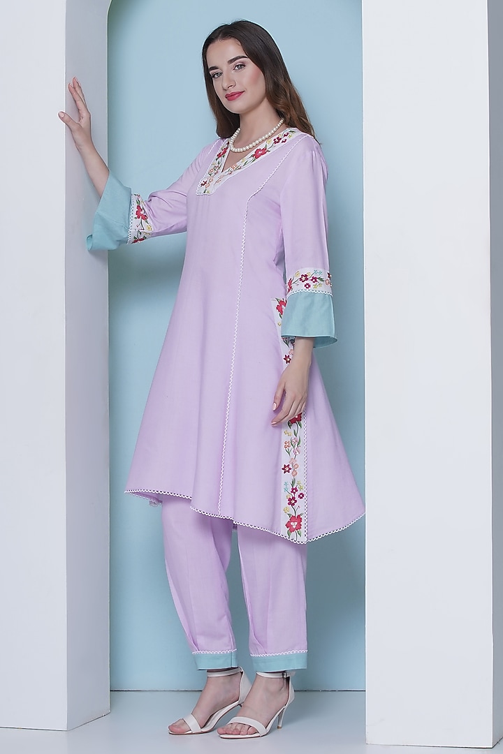 Light Pink Linen Cotton Cutdana Hand Embroidered & Floral Printed Co-Ord Set by KM By Kavita at Pernia's Pop Up Shop