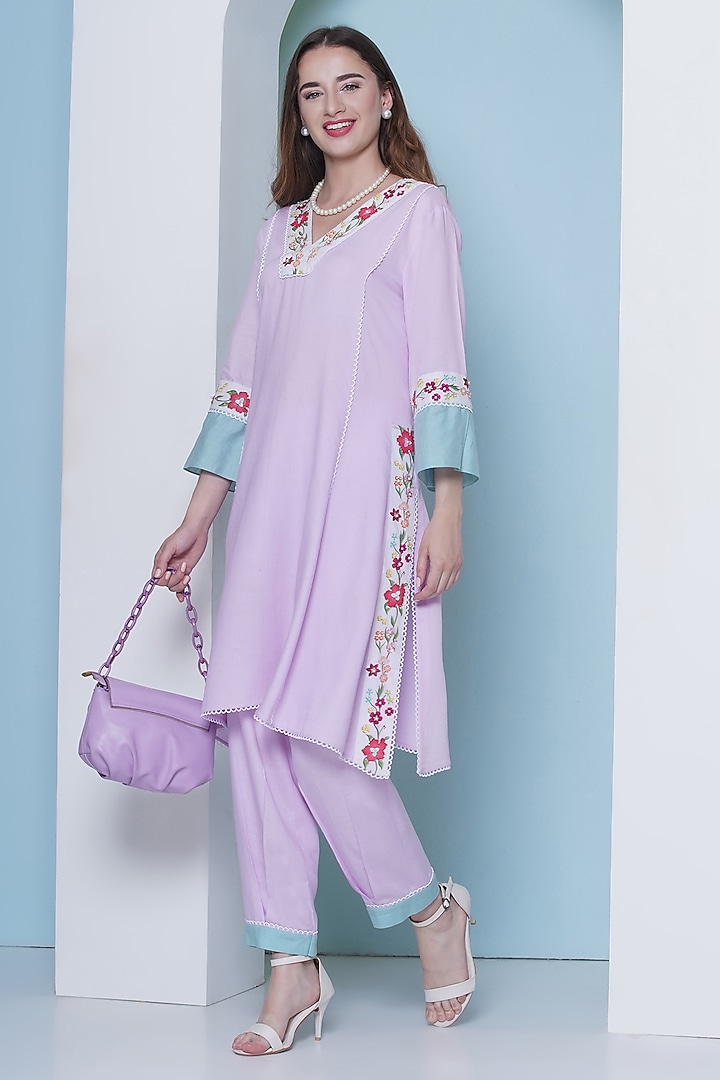 Light Pink Linen Cotton Cutdana Hand Embroidered & Floral Printed Co-Ord Set by KM By Kavita at Pernia's Pop Up Shop
