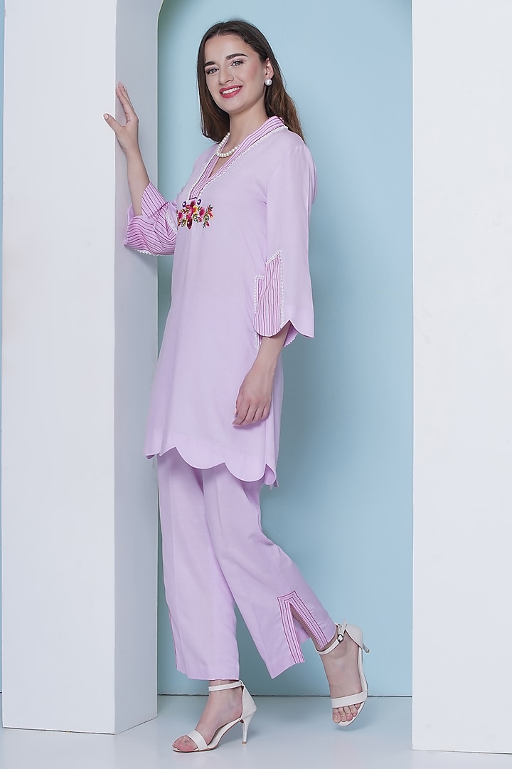 Light Pink Linen Cotton Zardosi Hand Work Co-Ord Set by KM By Kavita at Pernia's Pop Up Shop