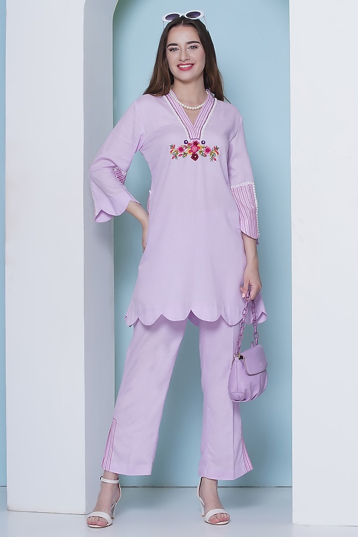 Light Pink Linen Cotton Zardosi Hand Work Co-Ord Set by KM By Kavita at Pernia's Pop Up Shop