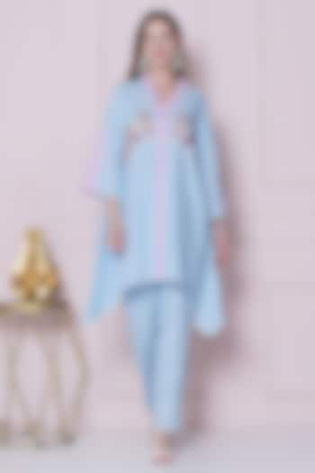 Powder Blue Linen Cotton Hand Work Co-Ord Set by KM By Kavita