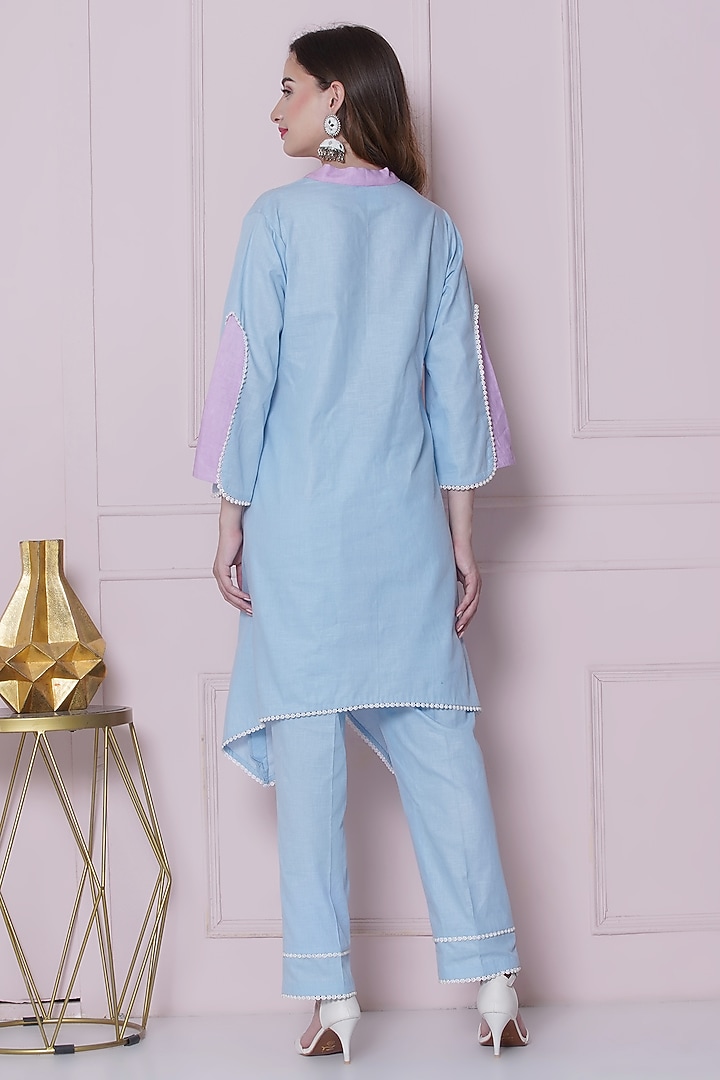 Powder Blue Linen Cotton Hand Work Co-Ord Set by KM By Kavita at Pernia's Pop Up Shop