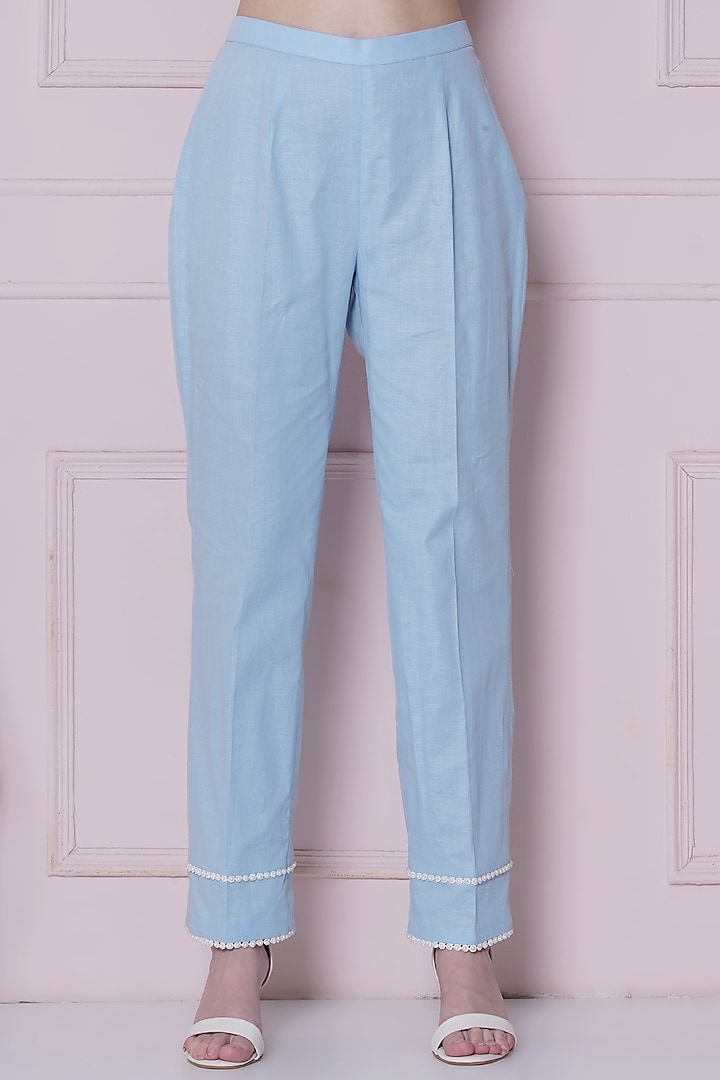 Powder Blue Linen Cotton Hand Work Co-Ord Set by KM By Kavita at Pernia's Pop Up Shop