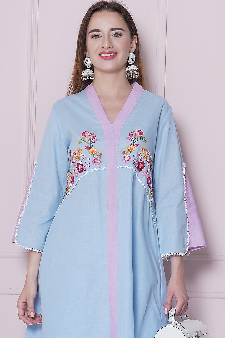 Powder Blue Linen Cotton Hand Work Co-Ord Set by KM By Kavita at Pernia's Pop Up Shop