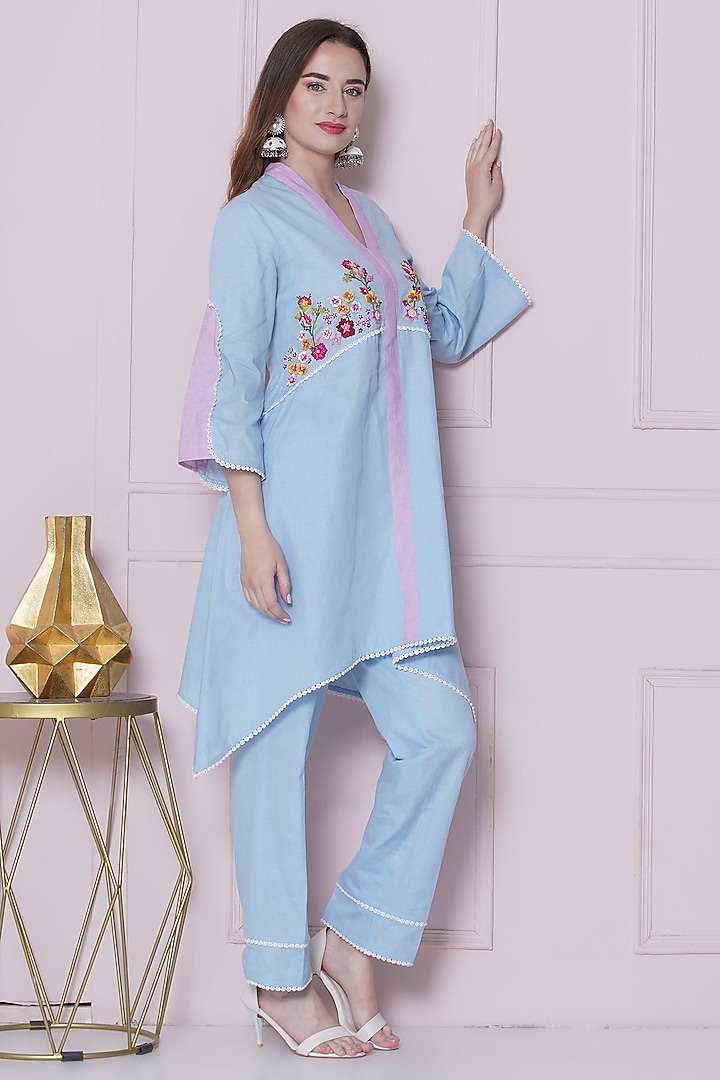 Powder Blue Linen Cotton Hand Work Co-Ord Set by KM By Kavita at Pernia's Pop Up Shop