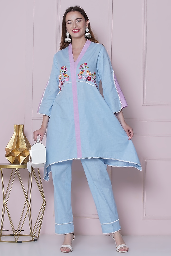 Powder Blue Linen Cotton Hand Work Co-Ord Set by KM By Kavita at Pernia's Pop Up Shop