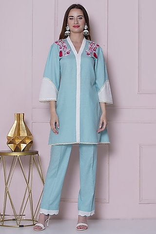 Aqua Blue Linen Cotton Hand Work Co-Ord Set by KM By Kavita